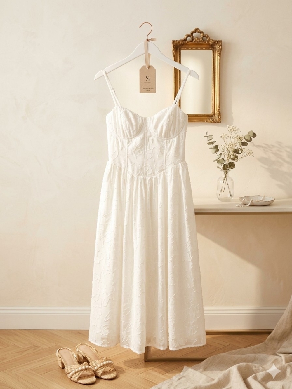 White Spaghetti-Strap Midi Dress with Bustier Bodice